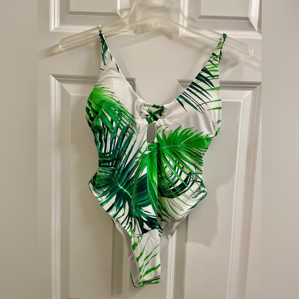 Tinibikini One Piece Swimsuit Size M White w/ Tropical Palm Leaves Pattern
